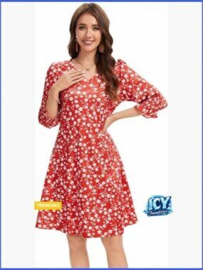 Polyester Midi Dress with Puff Sleeves and Pockets